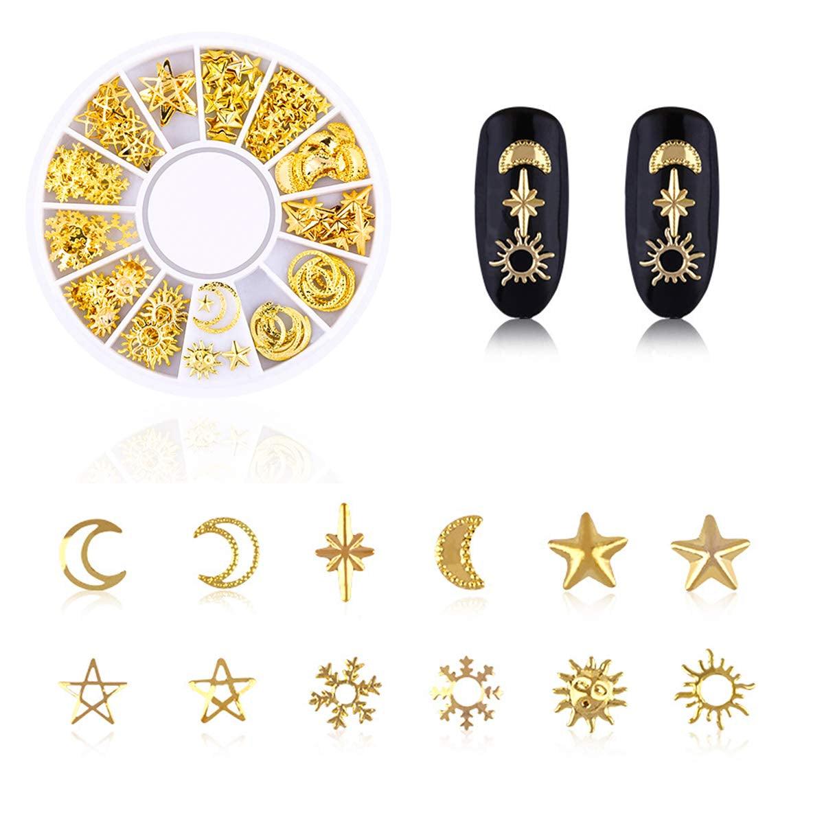 4 Boxen Nagel Art Strass, 3D Nagel Art Dekorationen, Mix Größe Nagel Perlen Glitter Strass Gold Metall Hohlniet Nagelkunst Stern Mond Sonne Nagel Zubehör Für DIY Nageldesign