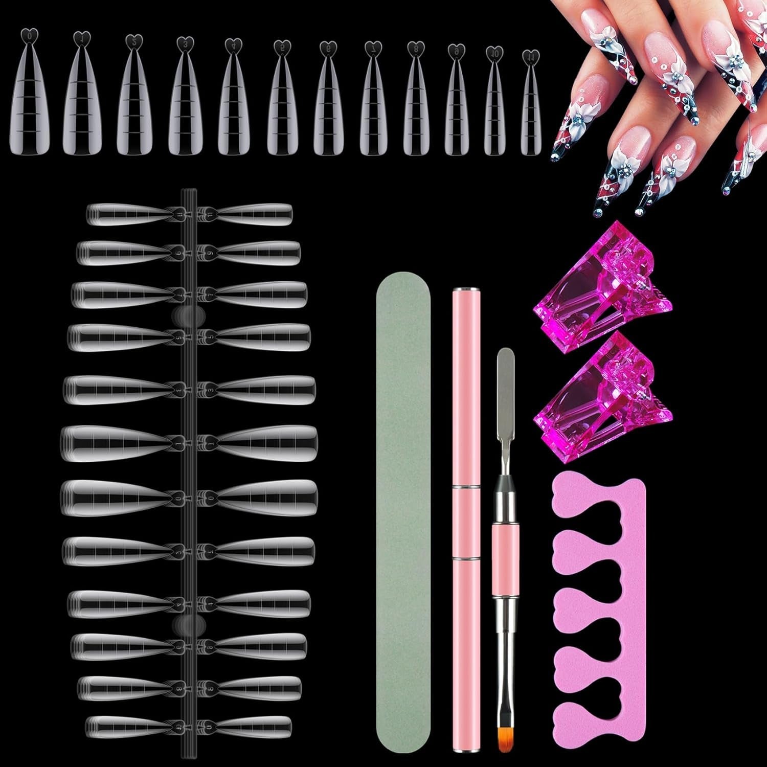 120 Doppel-Nagelformen-Set, Nagelverlängerungsschablonen mit rosa Doppelpinsel, Nagelspitzen-Clip, Schwamm-Zehentrenner und Nagelfeile für Polygel-Nägel