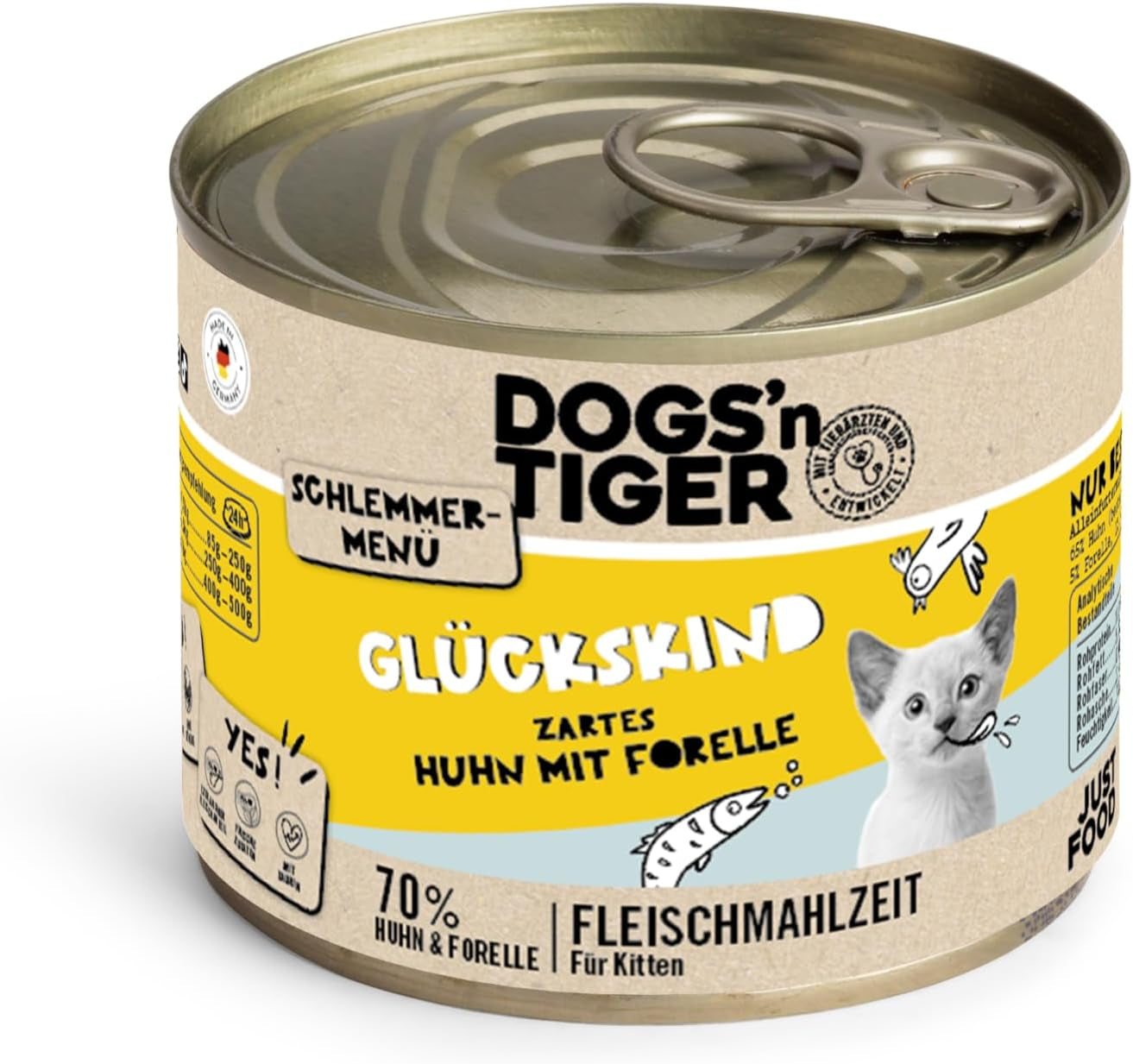 Dogs'n Tiger Schlemmermenü Glückskind, Nassfutter für Kätzchen, saftiges Hun und Forelle - ohne Getreide, Zuckerzusatz, künstliche Konservierungsstoffe, optimale Verträglichkeit, 12x 200g