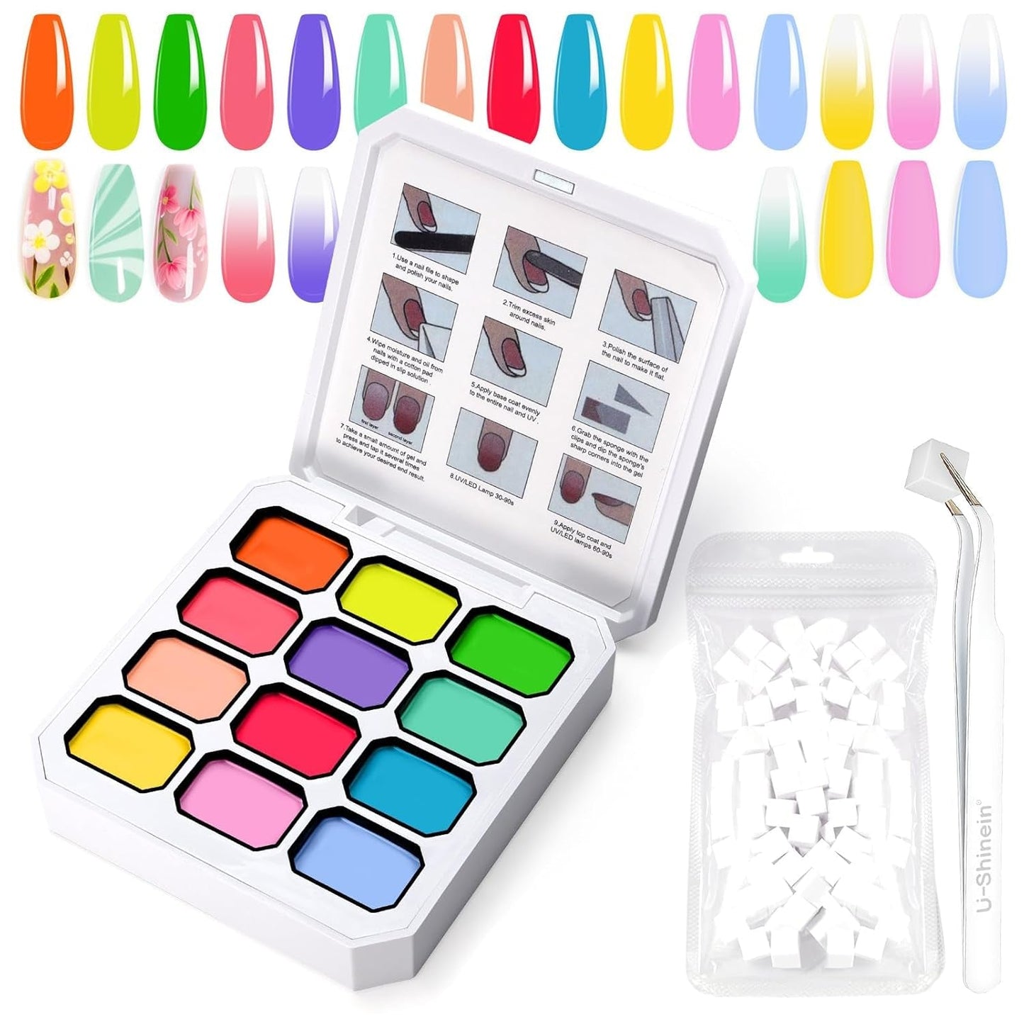 Farbverlaufs-Malgel, 12 Farben, Ombre-Gel-Nagellack mit 100 Nagelschwämmen und 4 Krallen, Metallgreifer für French-Maniküre, DIY-Nagelkunst, Set I