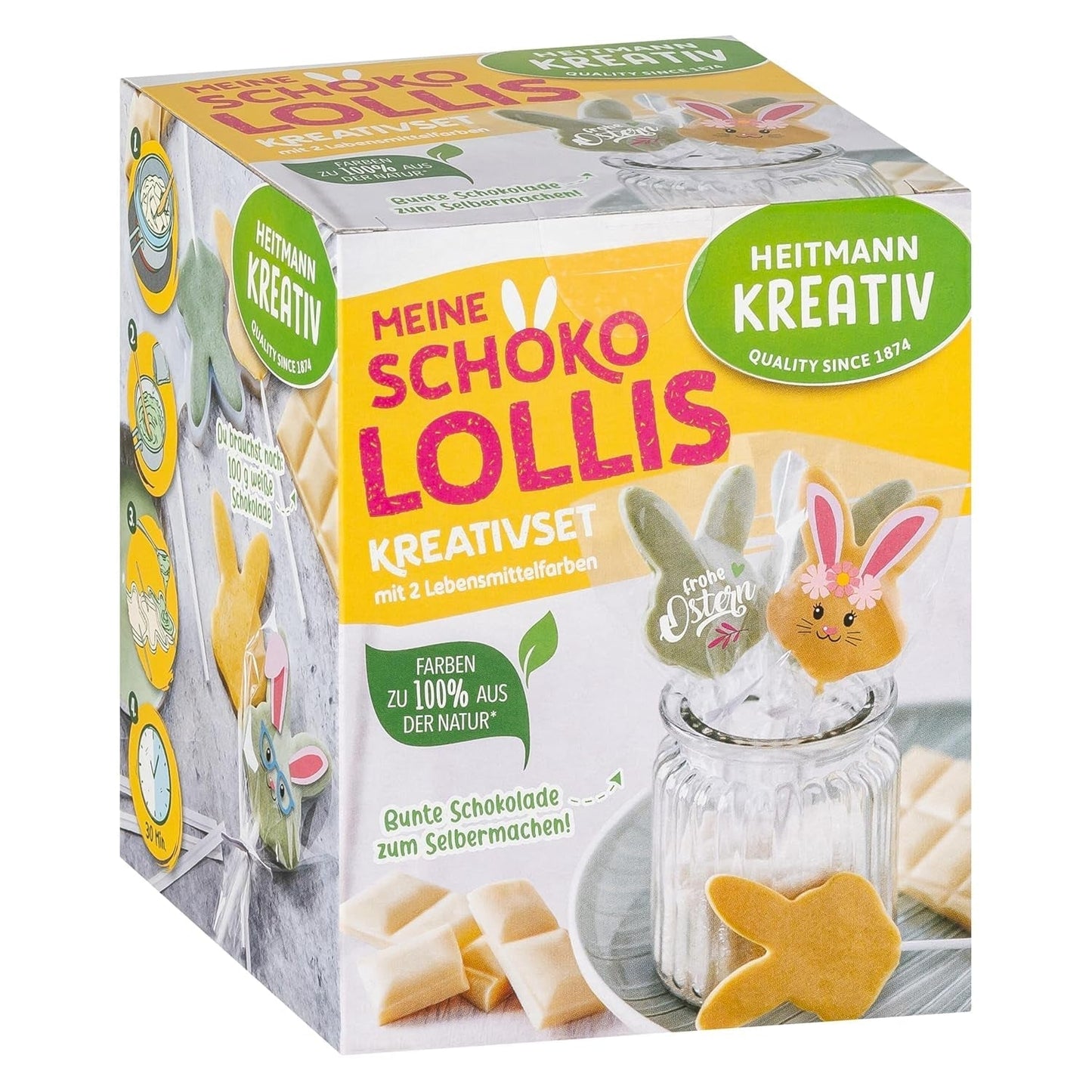 HEITMANN KREATIV - Schokoladenlutscher - Mit pflanzlichen Pulverfarben - Gelb und Grün - DIY-Set - Ostern