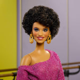 Barbie Signature Debbie Allen Tribute Collection Puppe mit schulterfreiem Oberteil, goldenem Gürtel und lila Fransenhosen und Leggings, JBJ24
