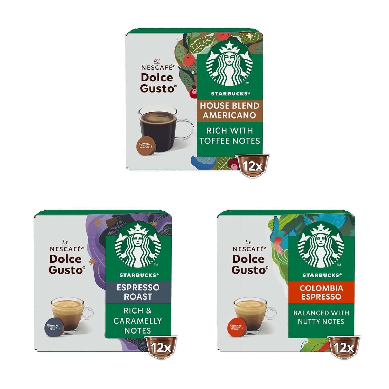 STARBUCKS Probierset, Espresso-Varianten von Nescafé Dolce Gusto Kaffeekapseln 6 x 12 (72 Kapseln) - Exklusiv bei Amazon
