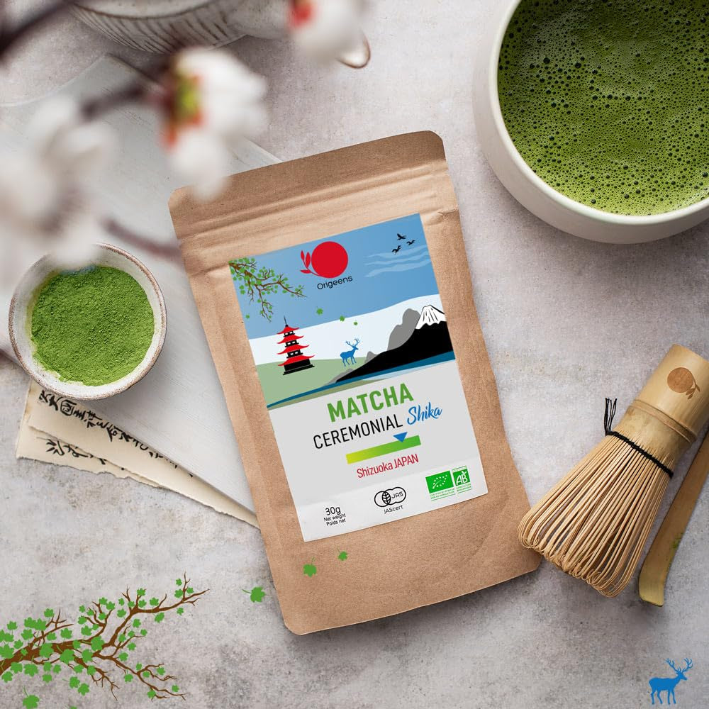 ORIGEENS BIO MATCHA CEREMONIAL GRADE „SHIKA“ – Japanischer Bio-Tee aus Shizuoka – Matcha Latte/Usucha – 30 g Nachfüllbeutel – Bio-Matcha-Grüntee-Pulver in Zeremonienqualität