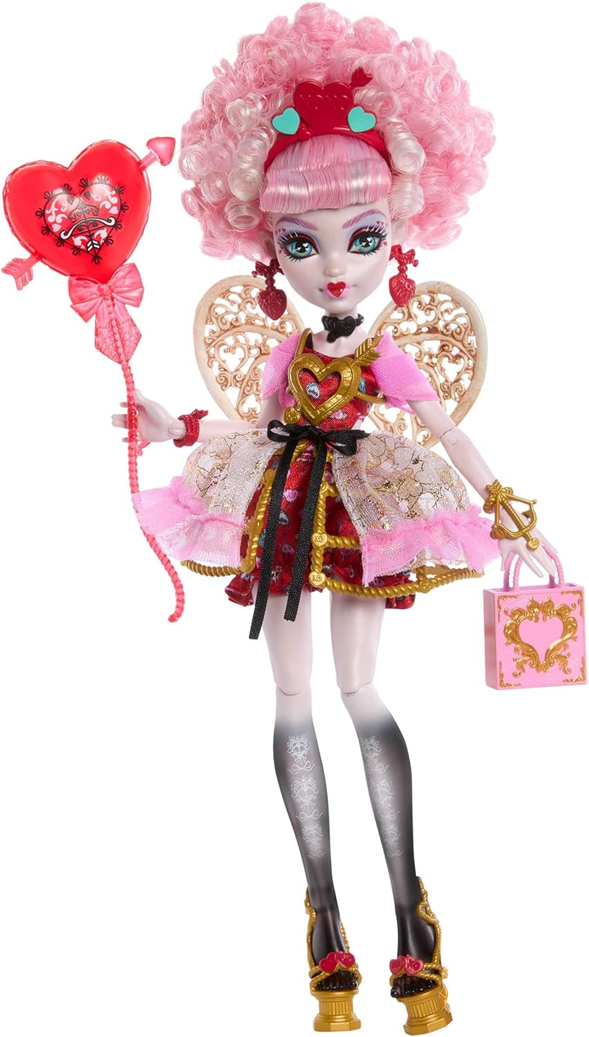 Monster High Scary Sweet Birthday Cupid Asteria Puppe in rosa und rotem Partykleid mit thematischen Accessoires wie Einladung, Ballon, Geschenk und mehr, JBG77