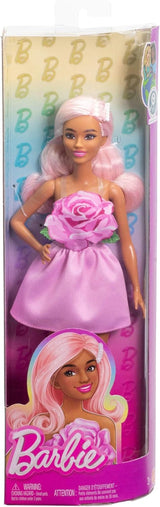 Barbie Fashionistas Puppe Nr. 238 mit pastellrosa Haaren, trägerlosem Kleid mit rosa Mieder, Perlenhaarspange und High Heels und Haarspangen, HYT94