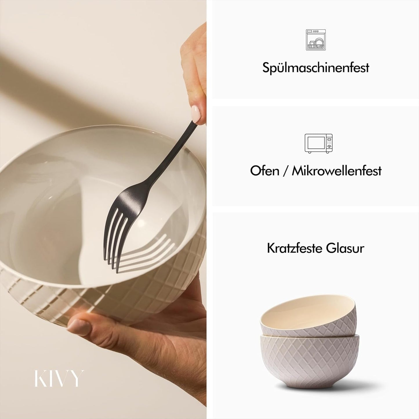 KIVY Müslischalen-Set – 6 x 850 ml – große Suppen- und Breischalen – Suppenschüssel – Schüssel – Müslischalen – Suppenschüsseln – Schüssel-Set – Keramik-Müslischale (cremeweiß, Schalen)
