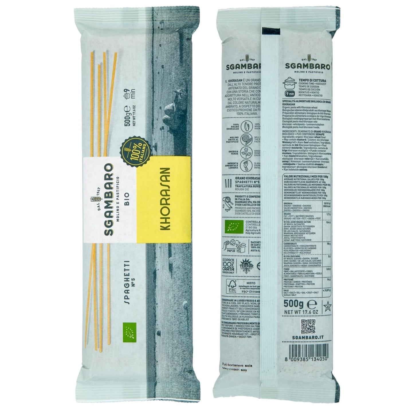 Bio-Spaghetti-Nudeln Nr. 5 - 500 g Khorasan-Weizen – uralter Weizen, reich an Proteinen, 100 % in Italien angebaut – vielseitig in der Küche und reich an Nährstoffen