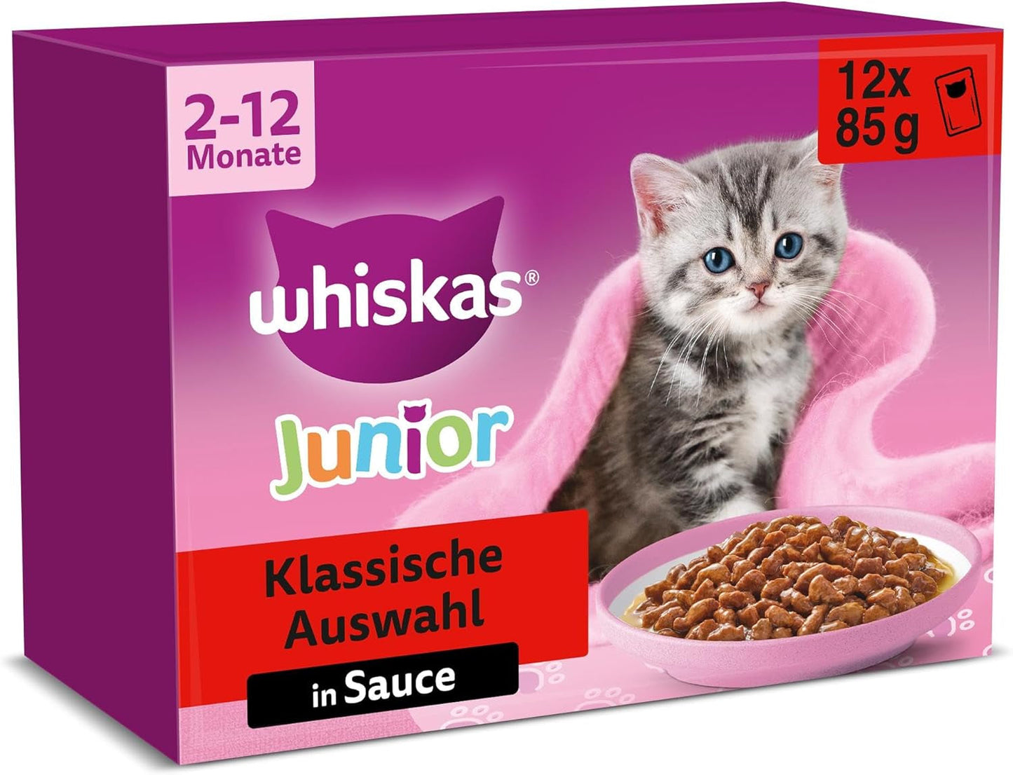 Whiskas Junior Classic Selection Nassfutter für Katzen in Soße, 48 Beutel, 12 x 85 g (4er-Packung) – Hochwertiges Nassfutter für heranwachsende Katzen, 2 bis 12 Monate
