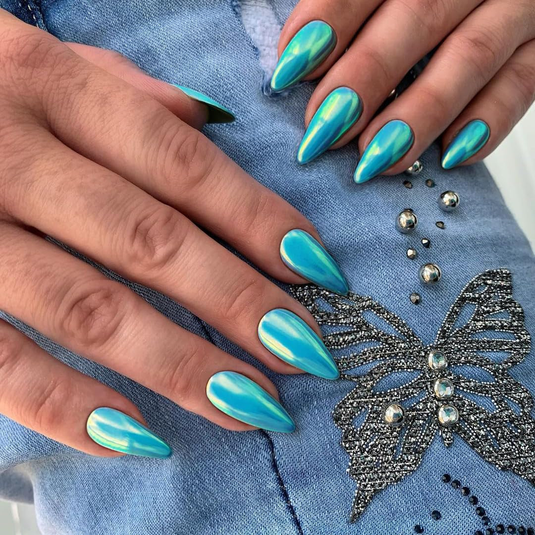 Selbstklebende Chromnägel – mittlerer mandelbrauner Glitzer, zum Aufkleben auf die Nägel, glitzernde künstliche Nägel, zum Aufkleben auf künstliche Nägel, glasierte Acrylnägel für Frauen, 24 Stück