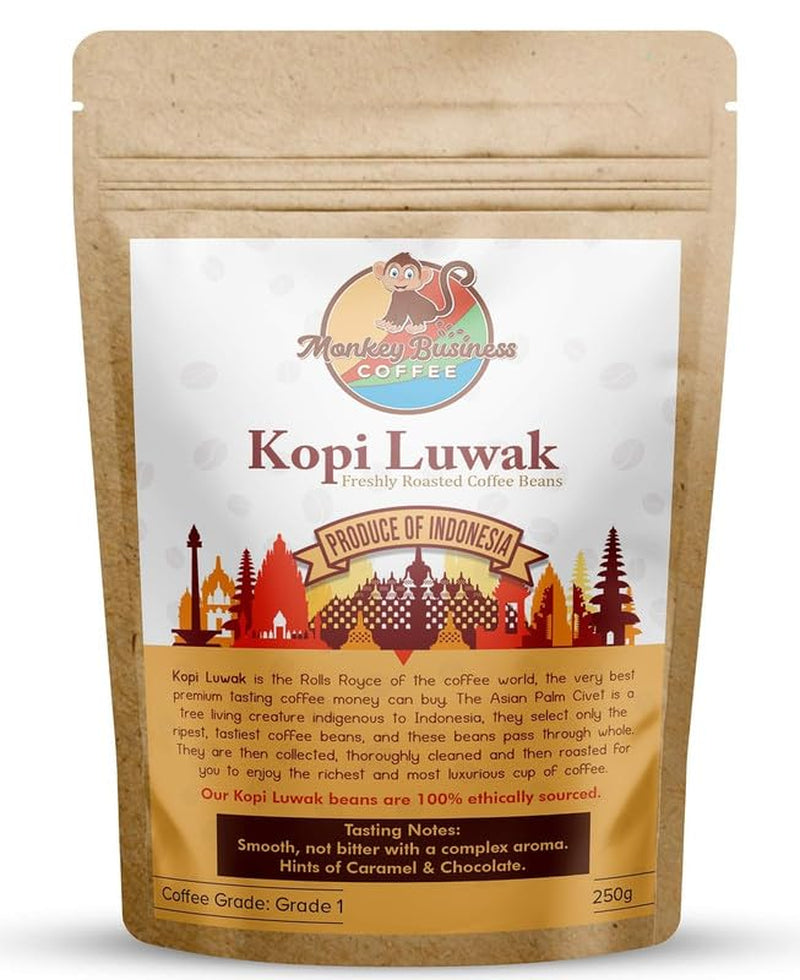 - Gemahlene wilde Kopi-Luwak-Kaffeebohnen – 250 Gramm (andere Bohnengewichte und -sorten erhältlich) – ethisch unbedenklich von Tieren aus Freilandhaltung (Indonesien)