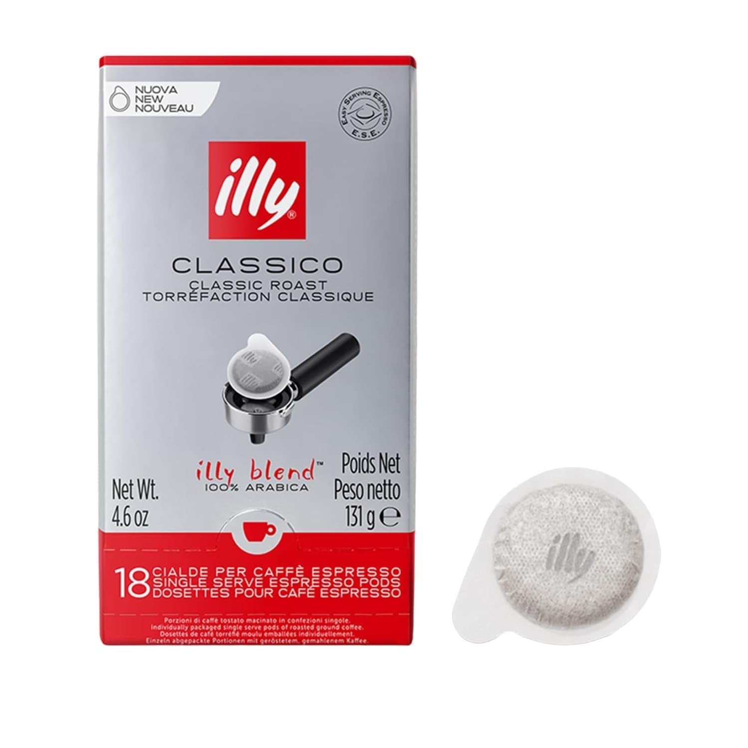 illy, Kaffee E.S.E. Pads Einzeldosis CLASSICO, 100% Arabica mit Noten von Orangenblüten und Jasmin, Sanfter Gesmack und Süßer Nachgeschmack, 1 Packung mit 18 kompostierbaren Kapseln