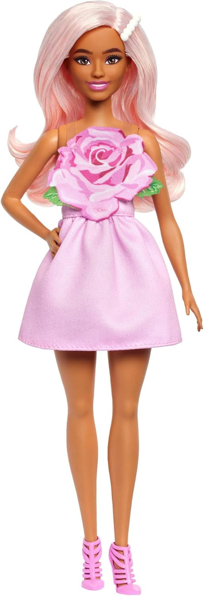 Barbie Fashionistas Puppe Nr. 238 mit pastellrosa Haaren, trägerlosem Kleid mit rosa Mieder, Perlenhaarspange und High Heels und Haarspangen, HYT94