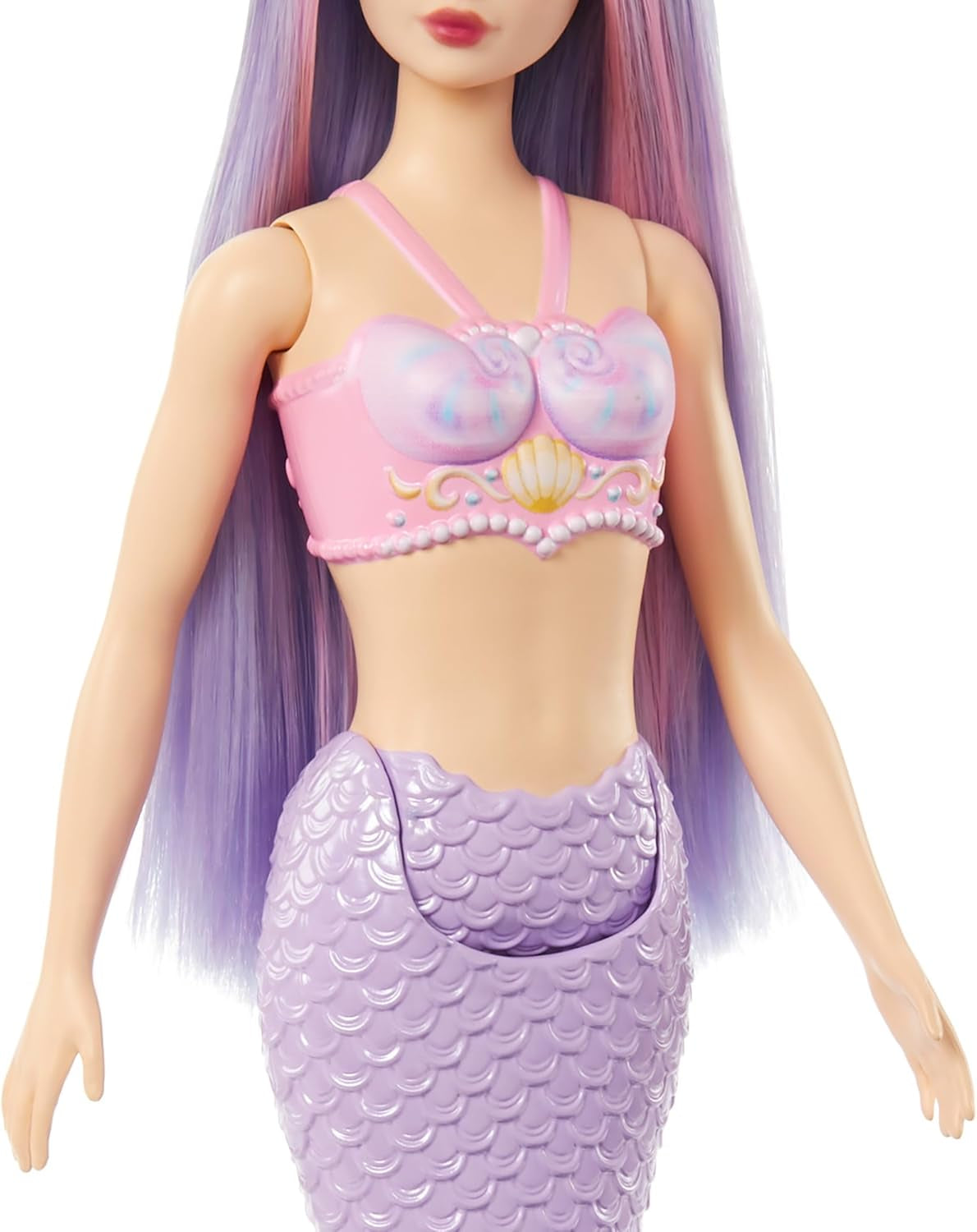 Barbie-Meerjungfrau-Puppe mit rosa und lilafarbenem Haar und Stirnband, Muscheloberteil und lavendelblauer Schwanzflosse, HRR06 Naty Shop-Puppen