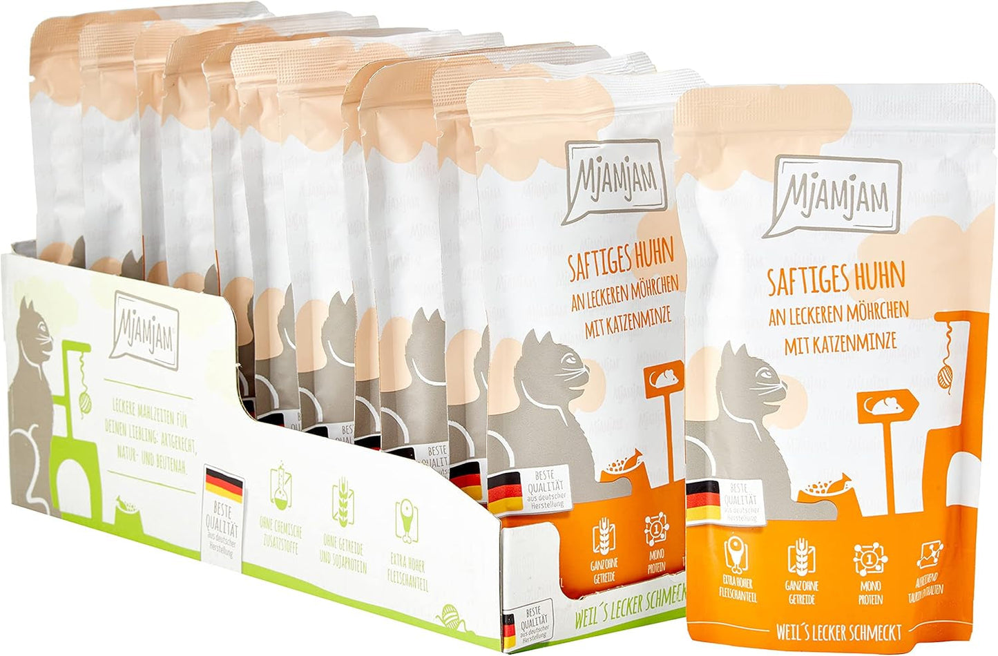 MjAMjAM – Premium-Nassfutter für Katzen – zusammendrückbarer Beutel – Saftiges Huhn mit leckeren Karotten, 12er-Pack (12 x 125 g), getreidefrei mit extra Fleisch
