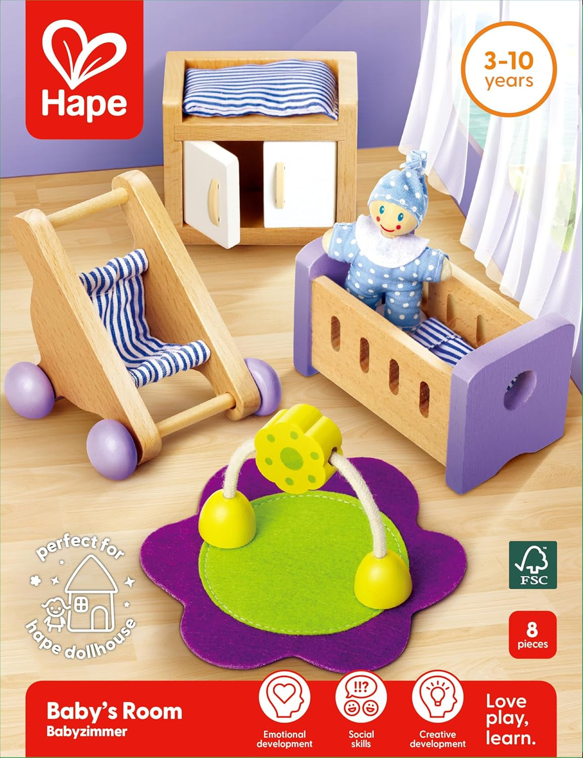 Hape Babyzimmer – Puppenzimmer-Set aus Holz, Babypuppenmöbel, Puppenhauszubehör für Kleinkinder, Miniatur-Babyzimmer mit Schaukel und Zubehör, Rollenspiel für 3-Jährige