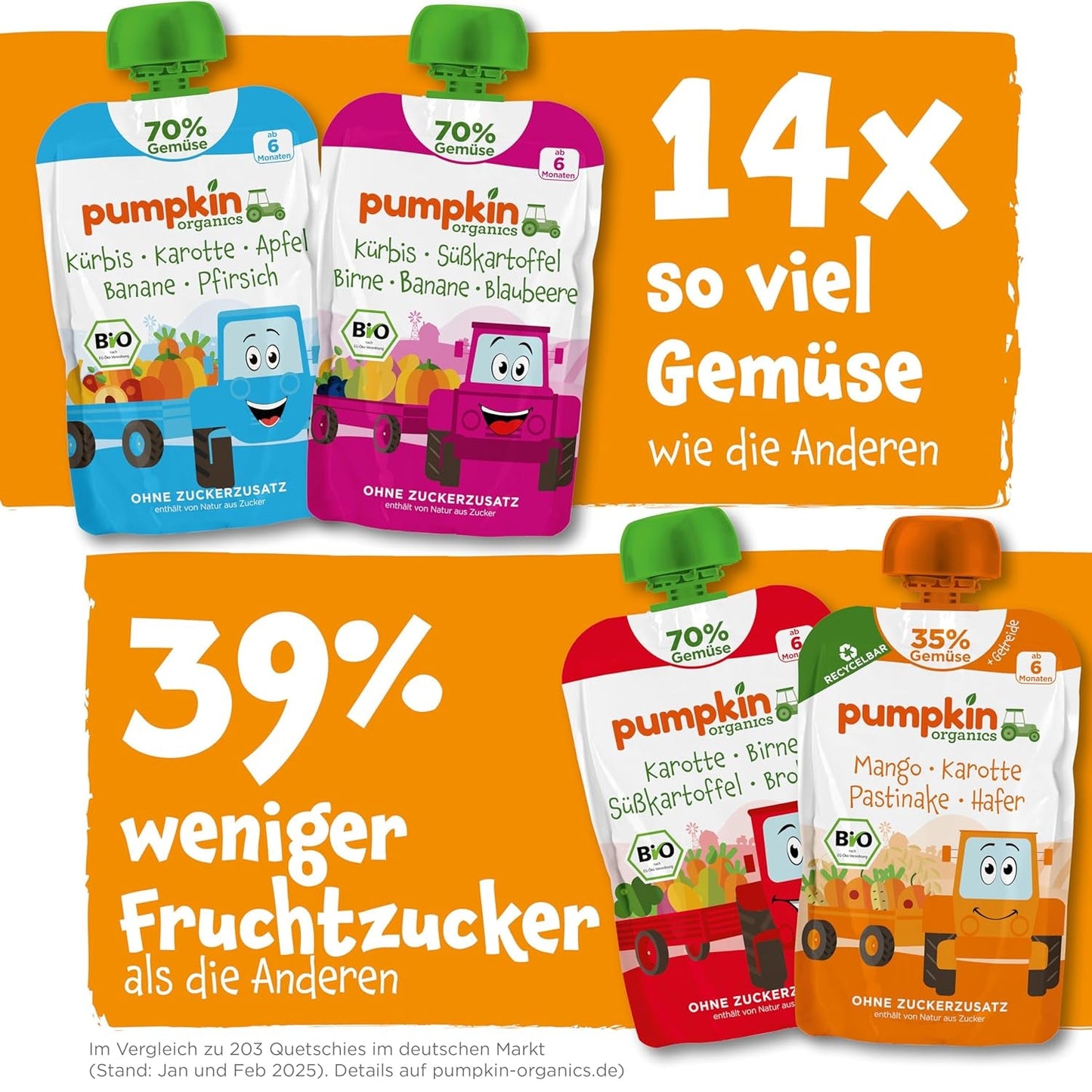 Pumpkin Organics Beutel mit Bio-Gemüse und Getreide, 8er-Pack: Birne, Erdbeeren, Süßkartoffeln, Rote Bete, Banane, Hafer – Ohne Zuckerzusatz¹ – Ab 6 Monaten – als Snack oder Ergänzungsnahrung in der Packung (8 x 100 g)
