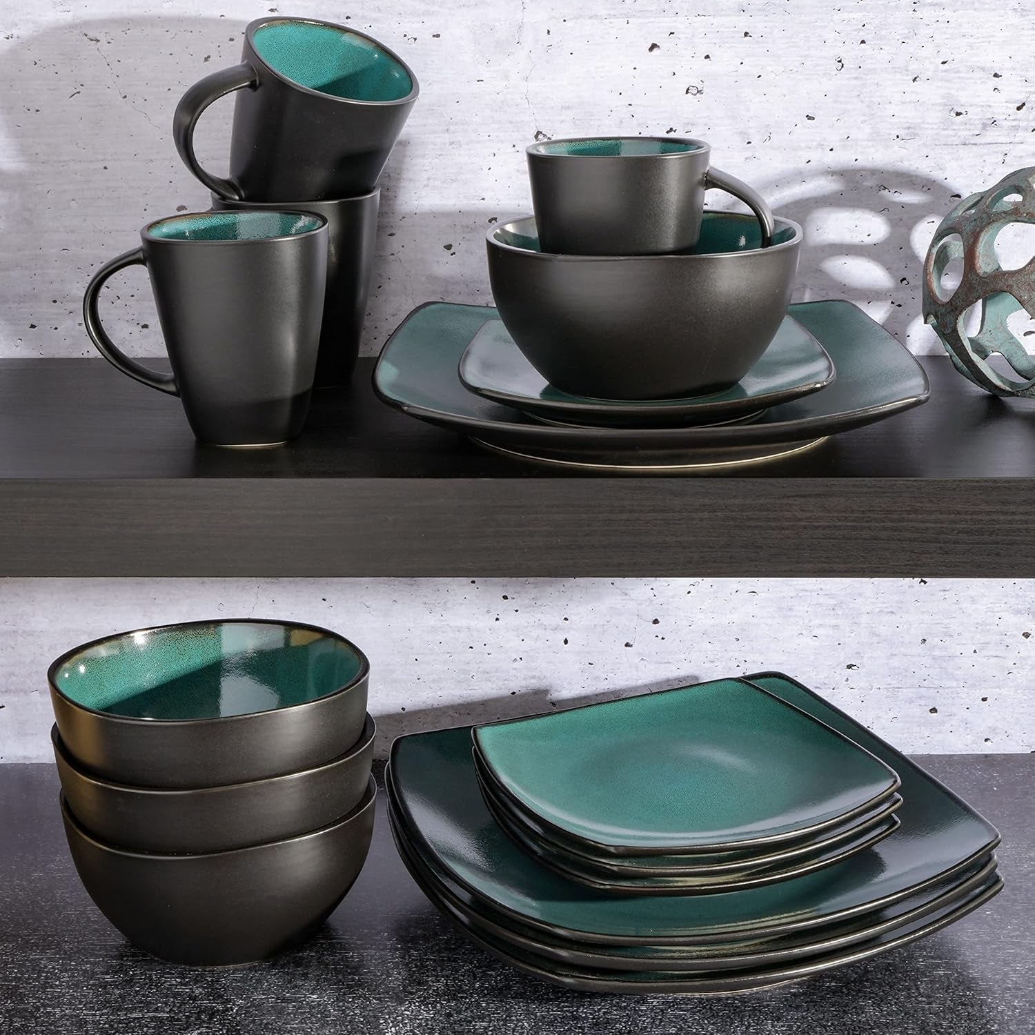 Gibson 99813.16R Elite Soho Lounge Reactive Glaze 4-Personen-Geschirrset, 16-teilig, Blau-Grün/Schwarz-Zweitoneffekt