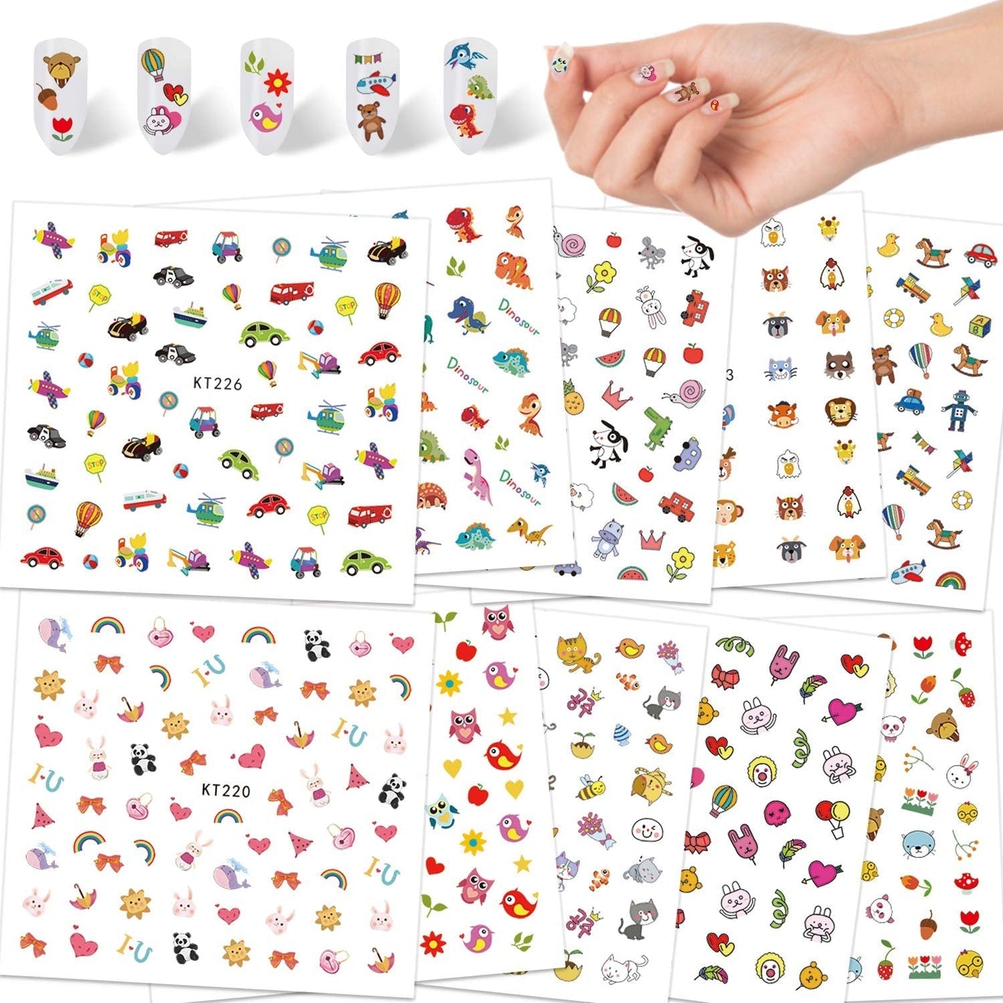 Nagelaufkleber für Kinder und Mädchen, über 600 Designs, Tiere, Früchte, Dinosaurier, Autos, Blumen, selbstklebende 3D-Nagelaufkleber für Kindergeburtstag, Party, Tee, Nagelstudio und Spa-Geschenk