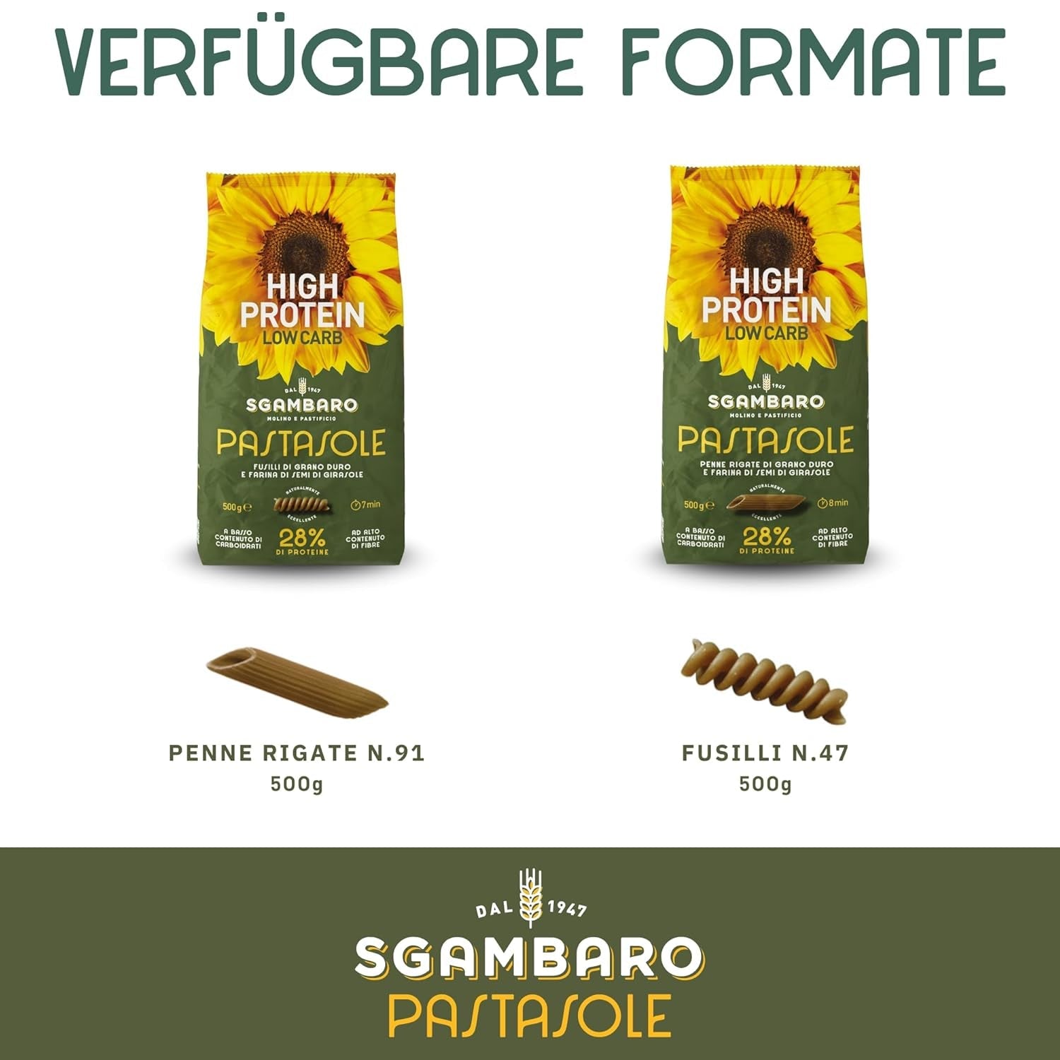 PASTASOLE , Penne Rigate mit Hartweizengrieß aus 100% italienischem Anbau und Sonnenblumenkernmehl – ​​500g – High Protein, Low Carb, Hoher Ballaststoffgehalt