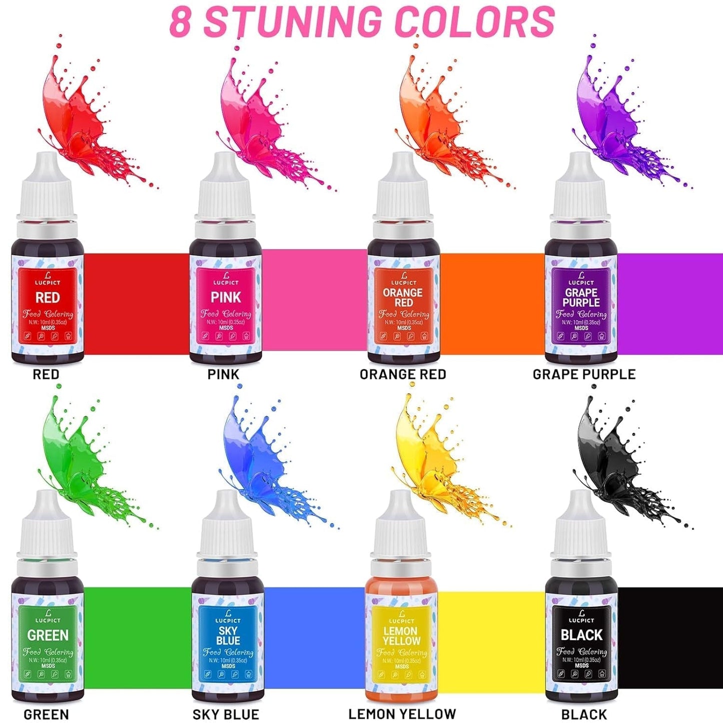 Lebensmittelfarbe 8 x 10 ml – hochkonzentriertes flüssiges Lebensmittelfarben-Set zum Backen, Kuchen, Kekse, Zuckerguss, Macarons, Fondant – lebendige Lebensmittelfarbe für selbstgemachte Seifen, Schleim, Bastelarbeiten