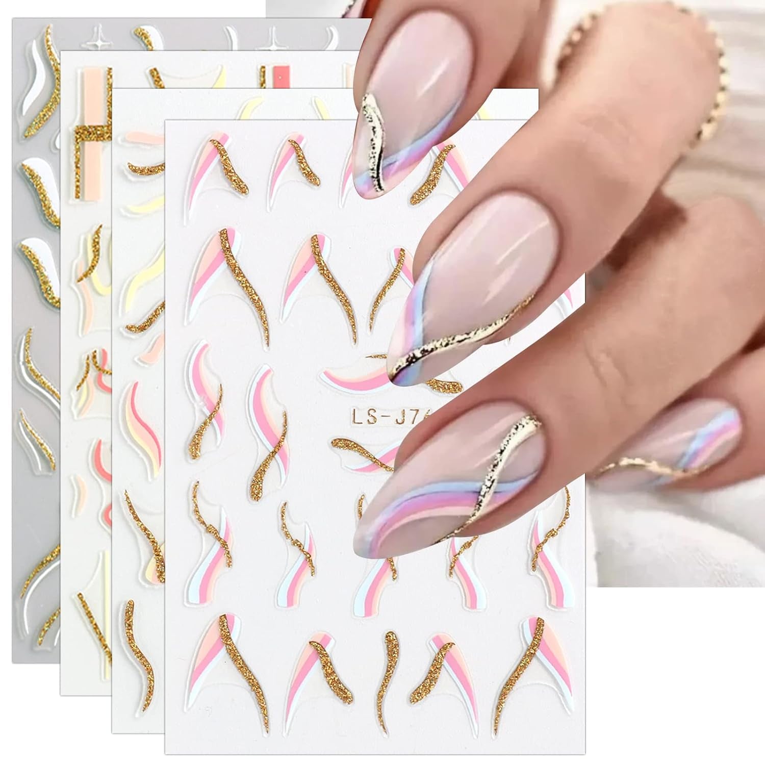 JMEOWIO Nagelsticker Französische Spitze 9 Blatt Nail Art Sticker Selbstklebend Nagelaufkleber Glitzer Wellenlinie Dekoration Nageldesign Zubehör