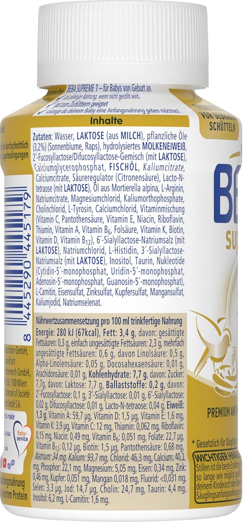 BEBA Nestlé BEBA SUPREME 1 Säuglingsnahrung: Trinkfertige Flaschen mit Omega 3, 1 Packung (1 x 200 ml)