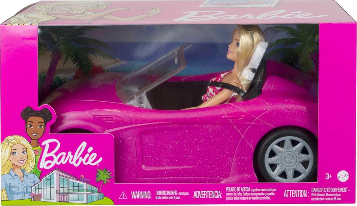 Barbie-Puppe und rosa glitzerndes Cabriolet, realistische Reifen, Logo, Spielzeug für Kinder ab 3 Jahren, DJR55