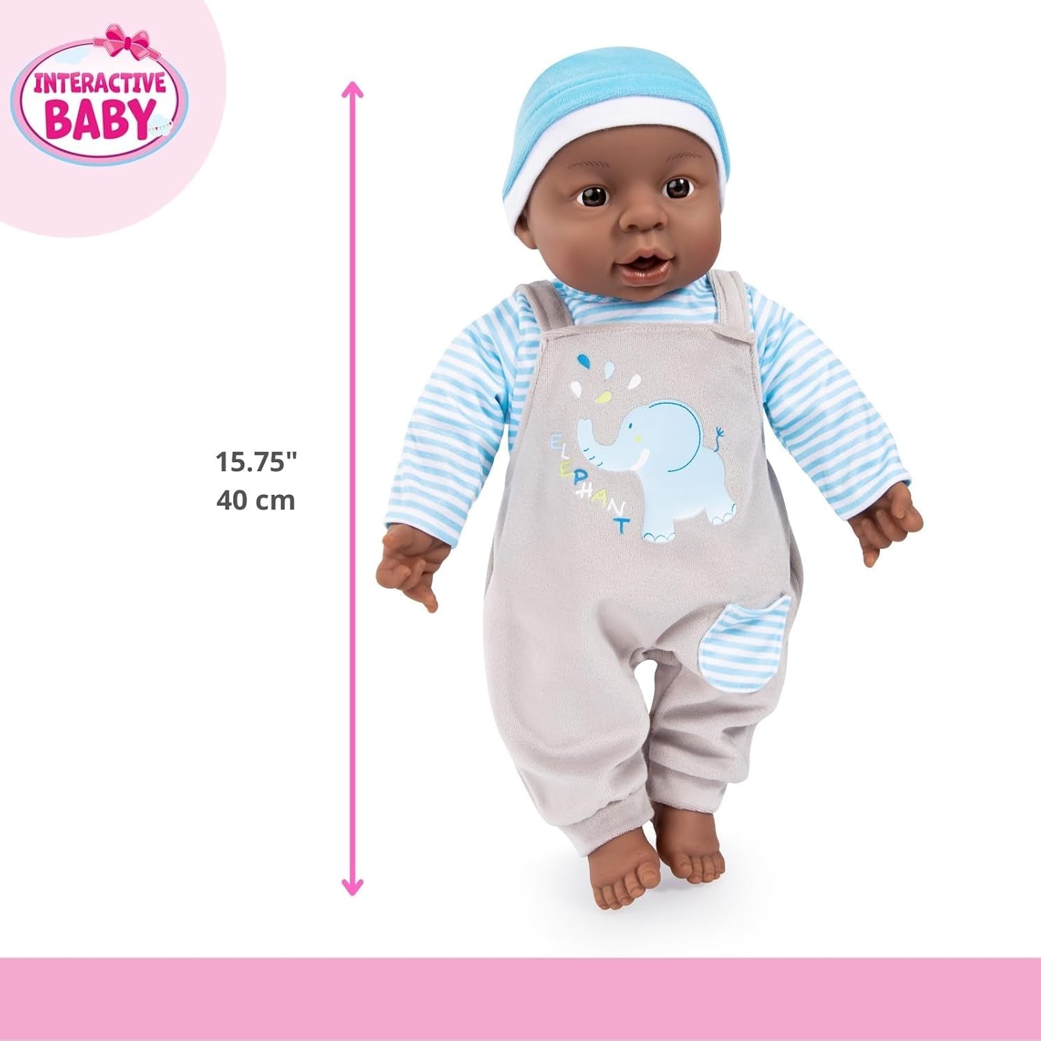 Bayer Design 94001AH Interaktive Babypuppe, Junge, sprechend, weicher Körper, 40 cm, dunkles Leder, blau