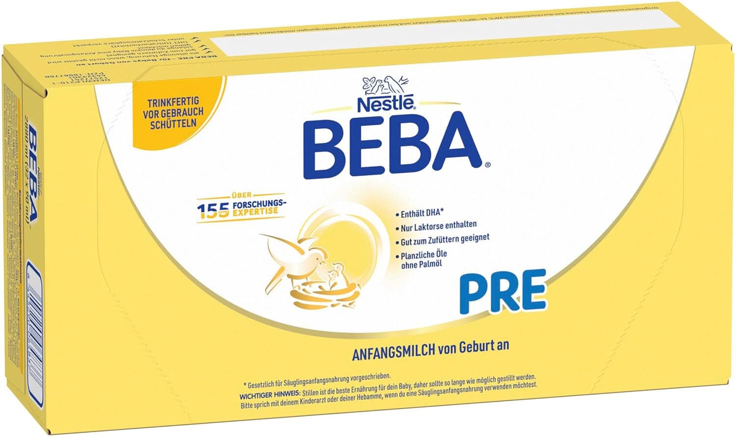 BEBA PRE Anfangsmilch von Geburt an, Babynahrung mit DHA, nur Laktose, ohne Palmöl, Packung 3 (3 x 800 g) Naty Shop PRE 32 x 90 ml 32 x 90 ml