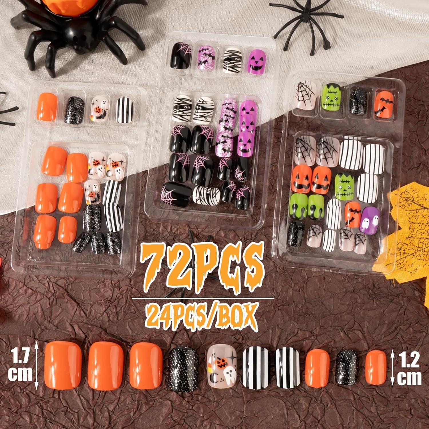 72 Stück Halloween-Nägel, selbstklebende künstliche Nägel, kurze künstliche Nägel, selbstklebende gepresste Nägel, Kürbisgeist, künstliche Nägel, Tipps, Nagelkunst, Orange, Grün, Schwarz