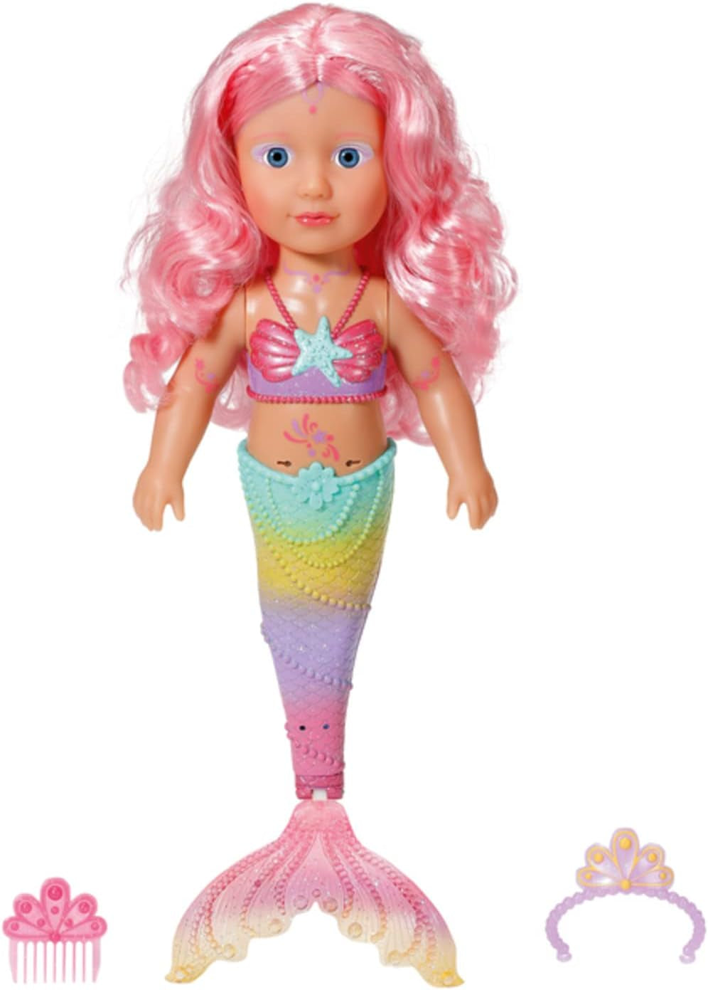 BABY Born Little Sister Mermaid 46 cm Wasserfeste Meerjungfrauenpuppe mit langen Haaren und beweglicher Glitzerflosse, inkl. Tiara und Kamm, 833681 Zapf Creation Dolls Naty Shop