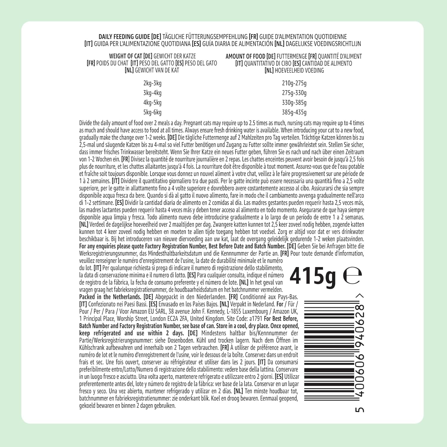 Amazon Getreidefreies Nassfutter für Katzen, Hühnerstücke in Gelee in Dosen, 12 x 405 g