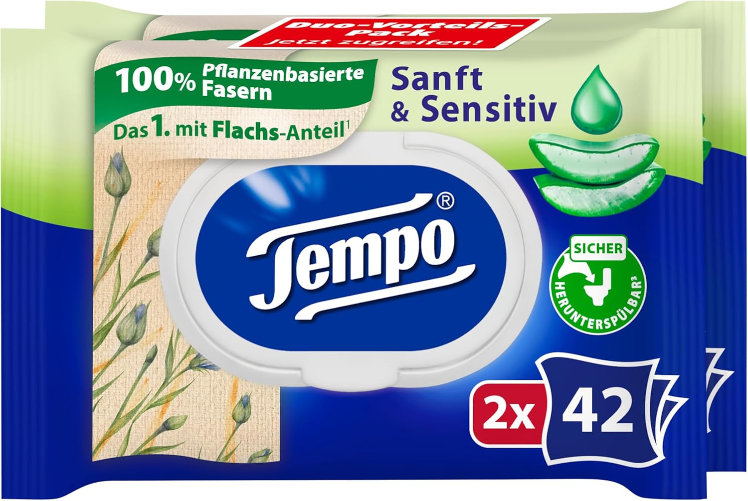 Tempo „Gentle & Sensitive“ feuchte Toilettentücher – Megapack – 16 Packungen à 42 Tücher – Duo-Packs – Natürliche Aloe Vera – Hygienepapier, dermatologisch getestet, hautneutral