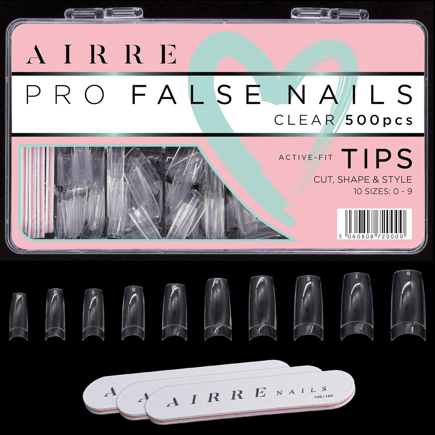 AIRRE 500 professionelle Gel-Nägel und 3 Feilen pro Box – (10 Größen) Französische Halbmond-Kunstnägel, Salon- und Heimgebrauch, Schneiden, Feilen und Formen, UV-/LED-Gel, Nagellack und Nagelkunst (natürlich)