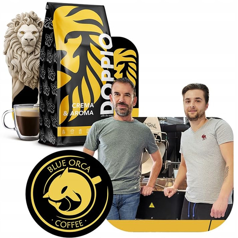 Doppio Creme & Aroma 1KG | Kaffeebohnen 80 % Arabica und 20 % Robusta | mit Noten von Kakao, Nüssen und Karamell | Frisch und mittelstark geröstet, geringer Säuregehalt | für Espresso | Blauer Orca-Kaffee