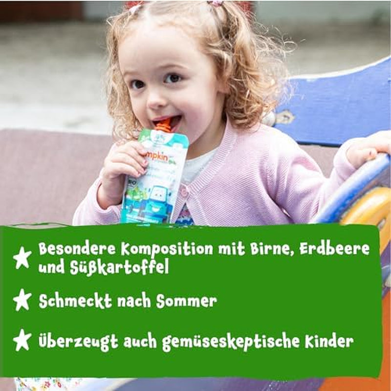 Pumpkin Organics Beutel mit Bio-Gemüse und Getreide, 8er-Pack: Birne, Erdbeeren, Süßkartoffeln, Rote Bete, Banane, Hafer – Ohne Zuckerzusatz¹ – Ab 6 Monaten – als Snack oder Ergänzungsnahrung in der Packung (8 x 100 g)