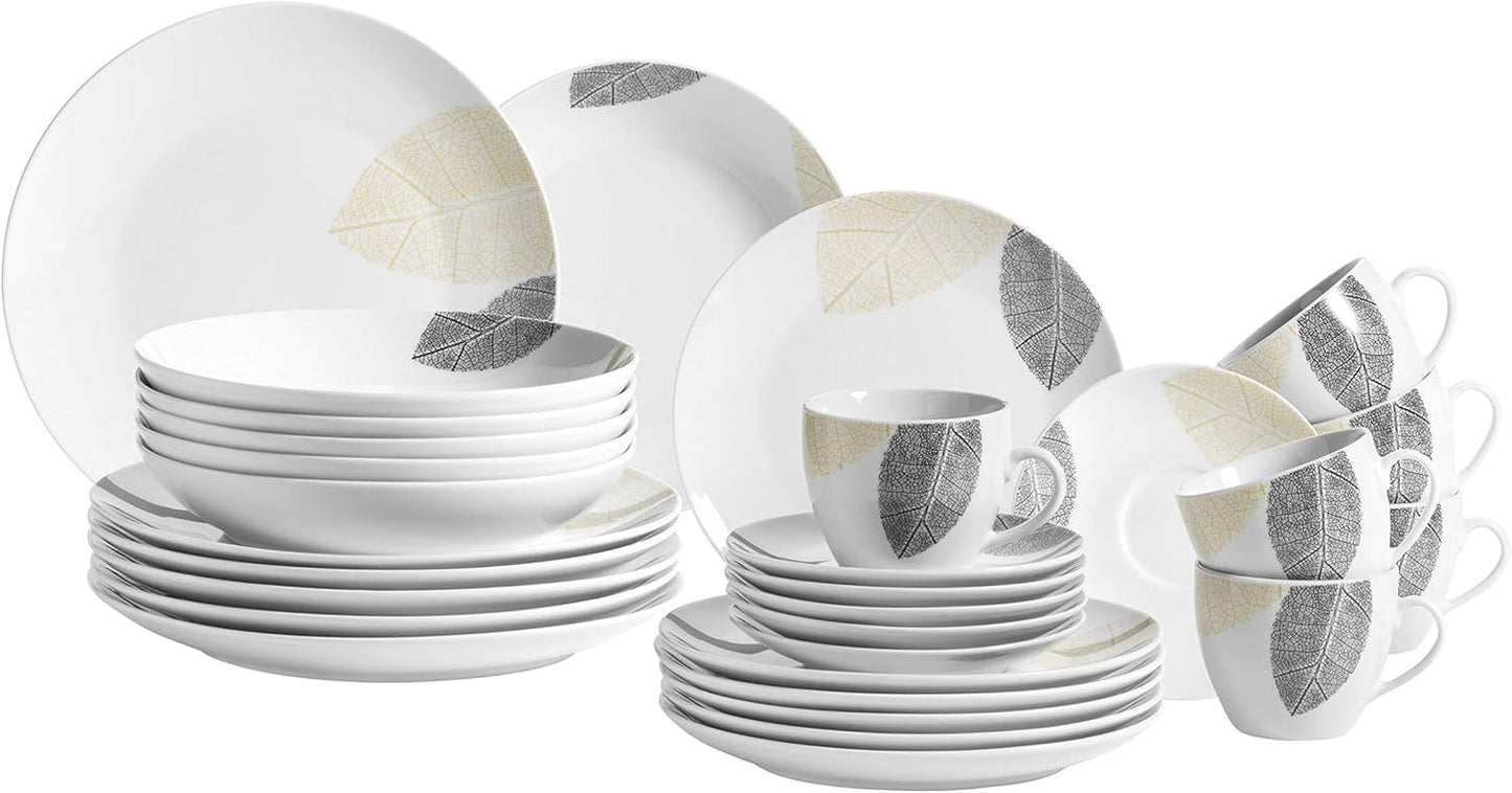 MÄSER 931215 Wunderschön dekoriertes Tafelservice für 6 Personen, Kombiservice 30-teilig, mit rahmenlosen Formen, Porzellan, weiß
