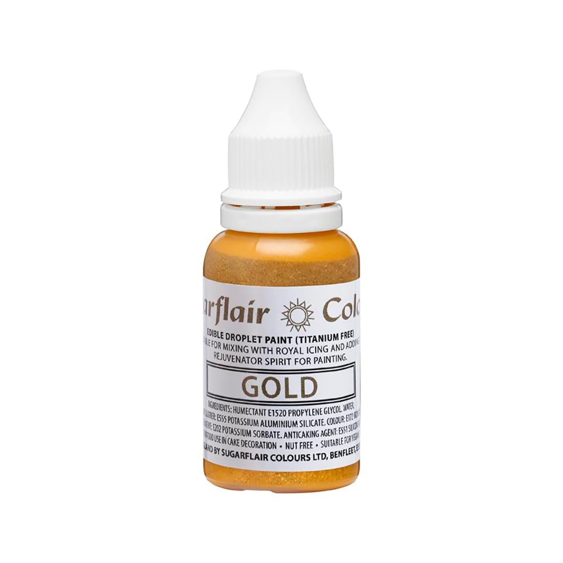 Sugarflair Edible Drop Paint Liquid Gold – Lebensmittelfarbe für Zuckerpaste, Buttercreme – Kann mit einer Airbrush verwendet werden – 14 ml