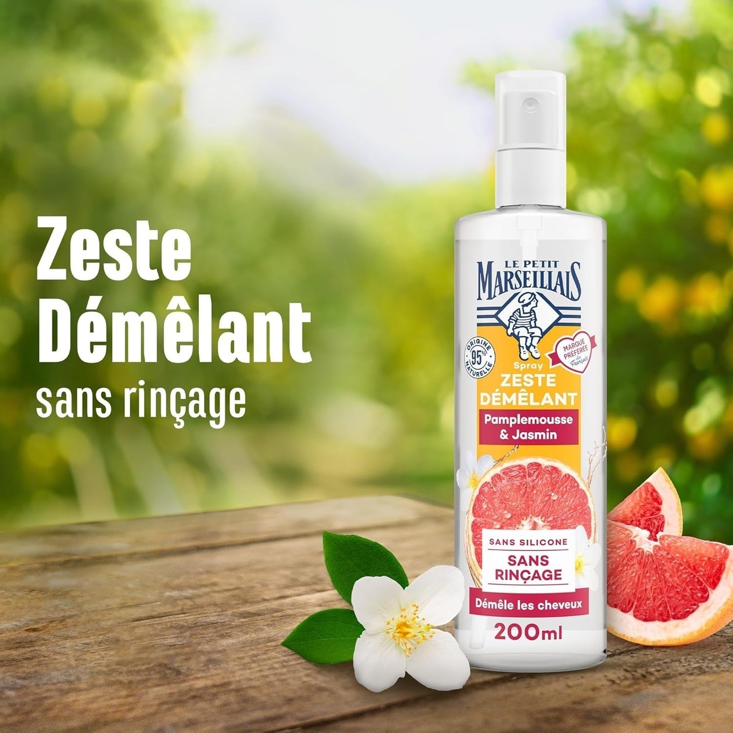 Le Petit Marseillais | Entwirrungsspray mit Grapefruit und Jasmin (200-ml-Flasche) – Leave-in-Entwirrungspflege – 95 % natürlich und silikonfrei. Haarentwirrungsprodukte Naty Shop