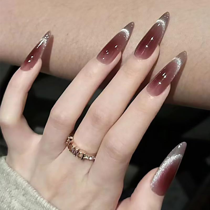 Moonglow Lange Nägel Stiletto Milchweiß Rosa Farbverlauf Glitzer Coole künstliche Nägel mit Kleber Rosa Ombre Glitzer Künstliche Nägel