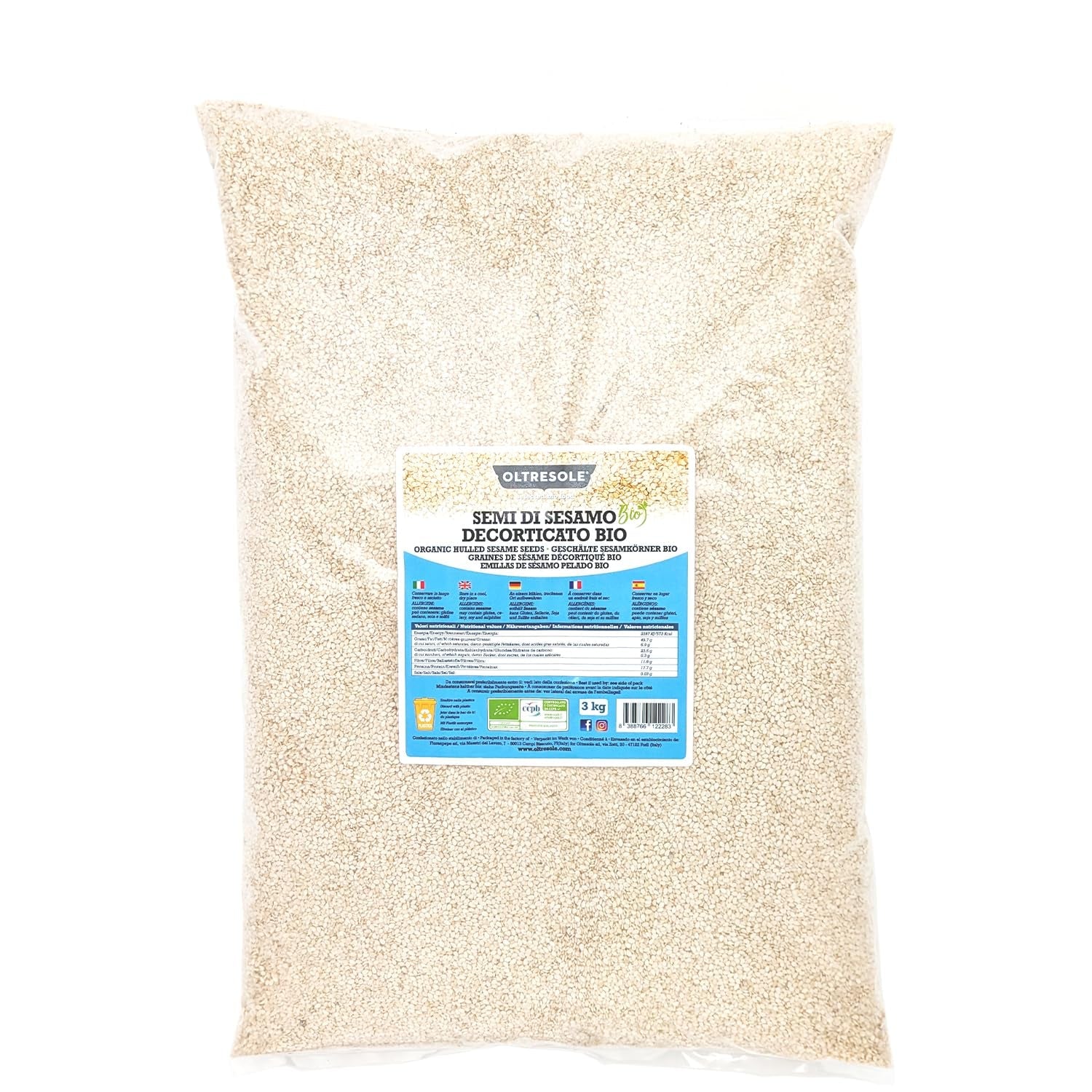 Bio-Sesamsamen 3 kg, rohe Bio-Ölsaaten, weißer Sesam, natürlich geschält, ungeröstet, Quelle für Kalzium und Eisen, Sparpaket