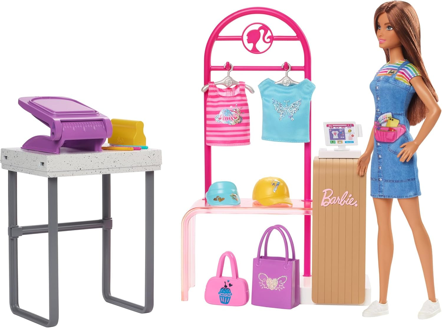 Barbie Fashion Boutique Spielset – Puppe mit Folienmuster, über 150 originelle Looks, inklusive 2 Blusen und 5 Folienlaken, Kleiderständer und Kreditkartenleser, ab 3 Jahren, HKT78