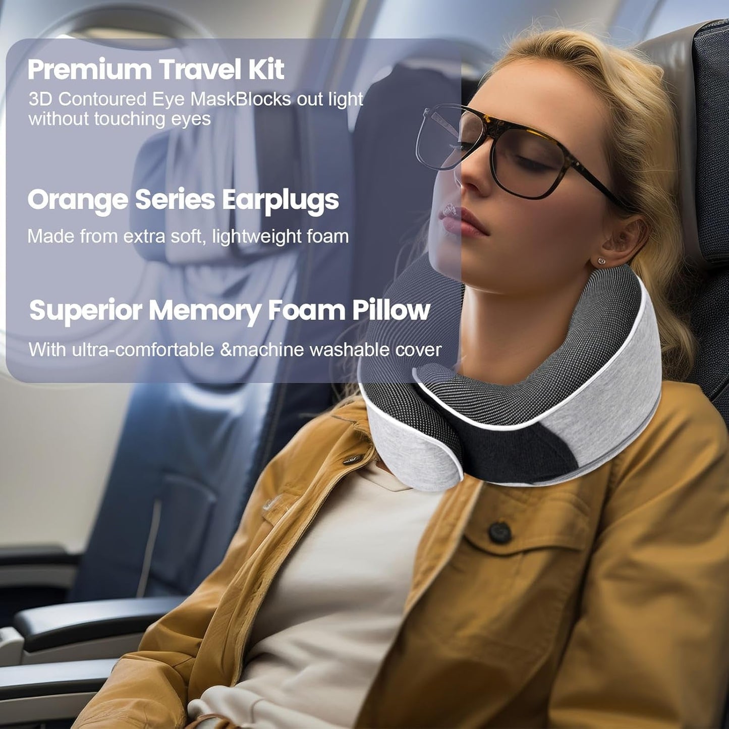 Nackenkissen aus Memory-Schaum, Reisekissen, ergonomisches Design, Nackenkissen aus Memory-Schaum mit Augenmaske, 2 Ohrstöpsel und Aufbewahrungstasche, perfekt zum Schlafen unterwegs auf Reisen, Naty Shop orthopädische Nackenkissen