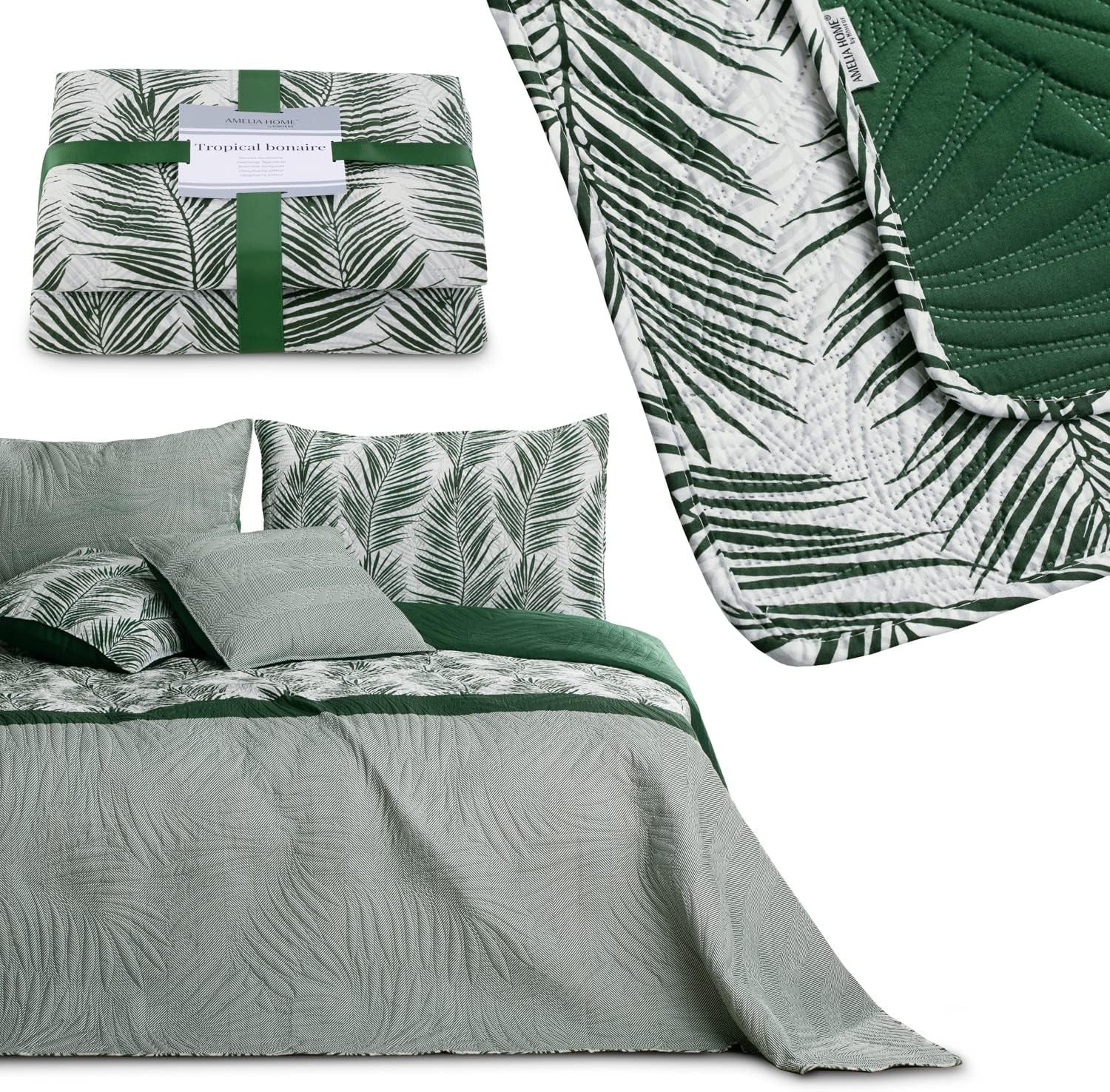 Ameliahome Tagesdecke, Tagesdecke, 170 x 210 cm, doppelseitig, pflegeleicht, Tagesdecke, Pflanzenmuster, grün, weiß, tropische Bonaire-Betten und Decken. Besuchen Sie den AmeliaHome-Store