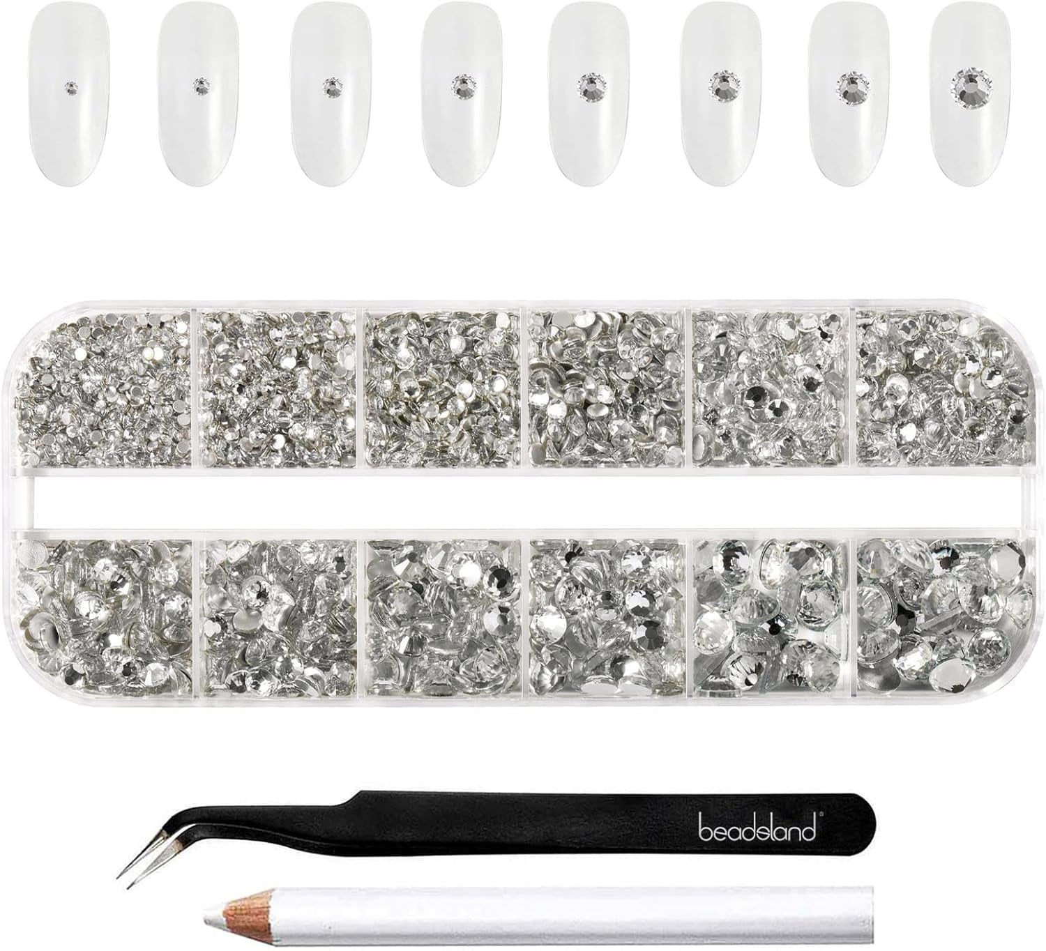 Beadsland 2500 Stück Glas Nailart Strasssteine ​​​​Kristall Flatback Edelsteine ​​​​Runde, ​​Für Handwerk Gemischt 8 Größen SS4 ~ SS30 Mit Picking Pinzette Und Stift (Kristall Weiß)