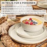 SÄNGER Key West | Steinzeug-Geschirr-Set, 24-teiliges Speiseteller-Set für 6 Personen, 6 Speiseteller, Müslischalen, Dessertteller, Nudelschalen, cremefarbenes Geschirr mit sandiger Textur | DIE VALUE-KOLLEKTION