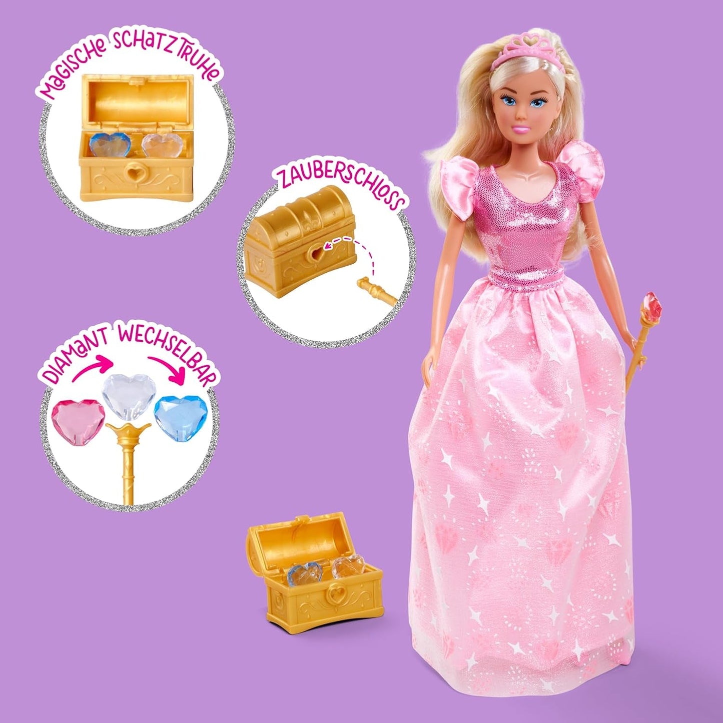 Simba Steffi Love Princess Diamond Princess Spielpuppe mit magischer Schatztruhe, Zepter und Diamanten, 29 cm, ab 3 Jahren