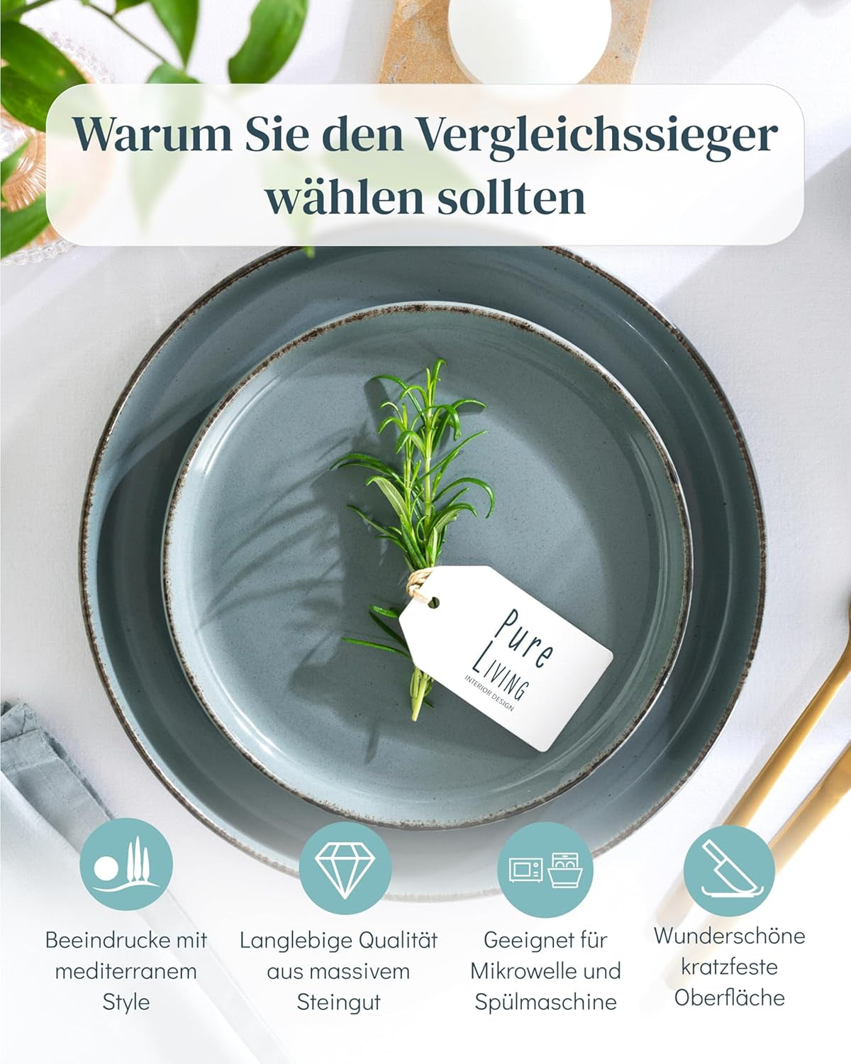 Steingut Geschirrset 12 Personen Rustikal 36 tlg. TESTSIEGER, Hochwertiges Landhausstil Steingut Geschirr Set, Schüssel- und Teller Set, Tafelservice 12 Personen, Geschirrsets Pure Living in Rauchblau