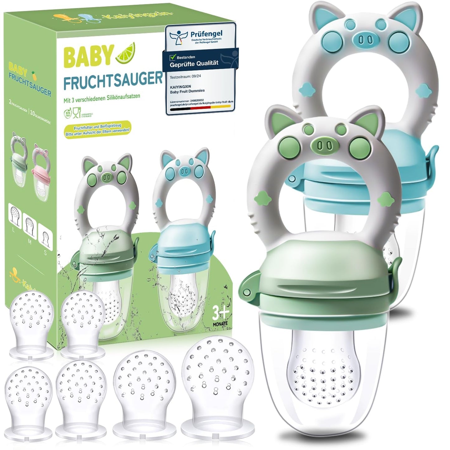 Baby-Fruchtschnuller, 2er-Pack Fruchtschnuller für Babys ab 3 Monaten, verbesserte Version 2023, befüllbare Schnuller, Brei-Schnuller, Fruchtschnuller für Babys, BPA-frei, 8 Silikonsauger in 3 Größen